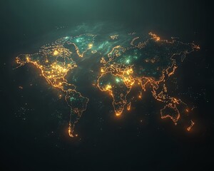 Poster - A futuristic 3D visualization of a digital world map with glowing connections and lights, representing global networking on a dark techinspired backdrop
