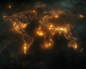 Poster - A futuristic 3D visualization of a digital world map with glowing connections and lights, representing global networking on a dark techinspired backdrop