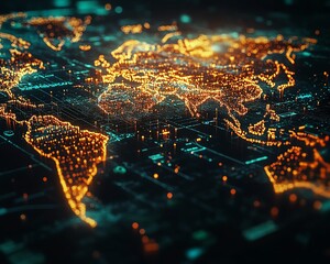 Poster - A hightech 3D design of a digital world map scheme with illuminated points and lines, symbolizing global connection and networks, on a dark background