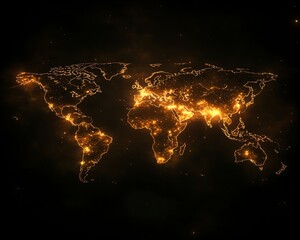 Poster - A hightech 3D design of a digital world map scheme with illuminated points and lines, symbolizing global connection and networks, on a dark background