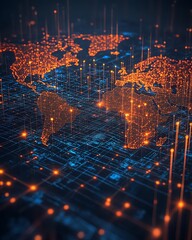 Poster - A hightech 3D design of a digital world map scheme with illuminated points and lines, symbolizing global connection and networks, on a dark background