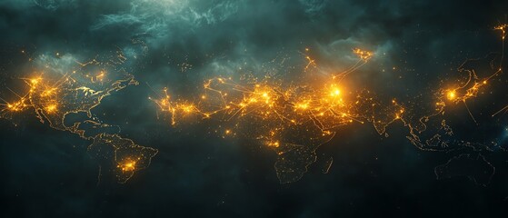 Poster - A hightech 3D design of a digital world map scheme with illuminated points and lines, symbolizing global connection and networks, on a dark background