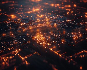 Poster - A hightech 3D design of a digital world map scheme with illuminated points and lines, symbolizing global connection and networks, on a dark background