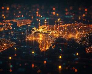 Poster - A hightech 3D design of a digital world map scheme with illuminated points and lines, symbolizing global connection and networks, on a dark background