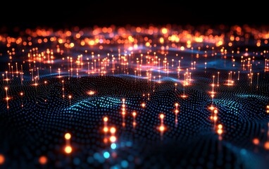 Poster - A hightech 3D design of a digital world map scheme with illuminated points and lines, symbolizing global connection and networks, on a dark background