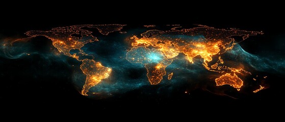 Poster - A hightech 3D design of a glowing digital world map contour, highlighting big data and internet technologies, set against a deep black background for dramatic effect