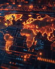 Poster - A modern 3D rendering of a digital world map with glowing contours, representing big data and internet technologies, illuminated on a dark background for a hightech feel