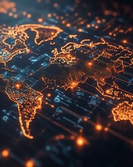 Poster - A modern 3D rendering of a world map with luminous lights and digital connections, illustrating global network systems on a dark, futuristic backdrop