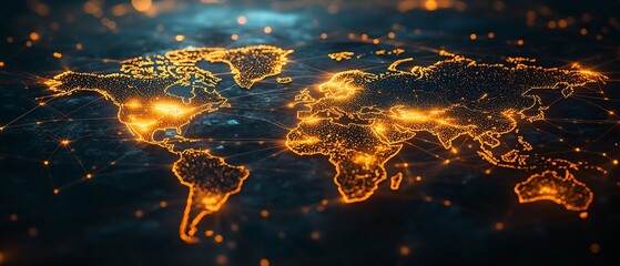 Poster - A modern 3D rendering of a world map with luminous lights and digital connections, illustrating global network systems on a dark, futuristic backdrop