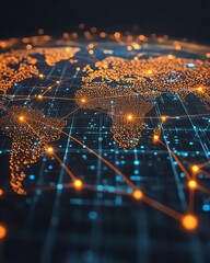 Poster - A modern 3D rendering of a world map with luminous lights and digital connections, illustrating global network systems on a dark, futuristic backdrop