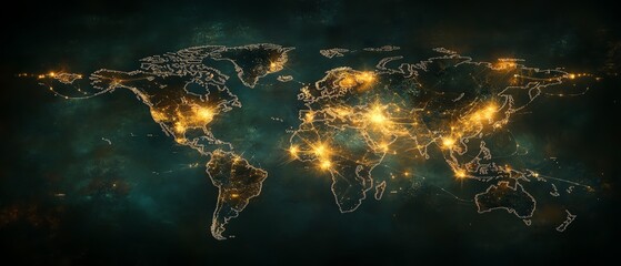 Poster - A modern 3D rendering of a world map with luminous lights and digital connections, illustrating global network systems on a dark, futuristic backdrop