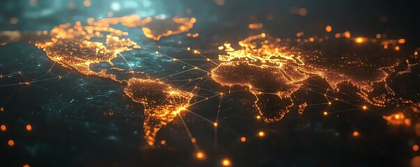 Poster - A modern 3D rendering of a world map with luminous lights and digital connections, illustrating global network systems on a dark, futuristic backdrop