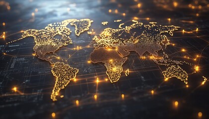 Poster - A modern 3D rendering of a world map with luminous lights and digital connections, illustrating global network systems on a dark, futuristic backdrop