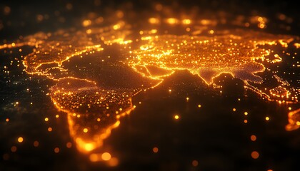 Poster - A sleek 3D mockup of a glowing world map contour, representing the power of big data and internet technologies, illuminated against a dark, techinspired background