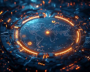 Poster - A sleek 3D mockup of a world map with glowing lights, illustrating global connections and network systems on a dark technological backdrop