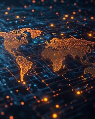 Poster - A sleek 3D mockup of a world map with glowing lights, illustrating global connections and network systems on a dark technological backdrop