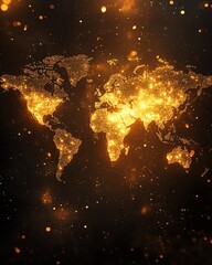 Poster - A sleek 3D mockup of a world map with glowing lights, illustrating global connections and network systems on a dark technological backdrop