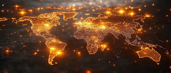 Poster - A sleek 3D mockup of a world map with glowing lights, illustrating global connections and network systems on a dark technological backdrop