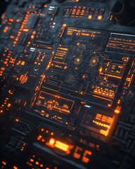 Poster - A sleek 3D mockup of a world map with glowing lights, illustrating global connections and network systems on a dark technological backdrop