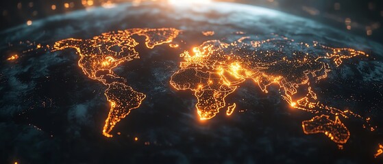 Poster - A sleek 3D mockup of a world map with glowing lights, illustrating global connections and network systems on a dark technological backdrop