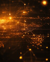 Poster - A sleek 3D mockup of a world map with glowing lights, illustrating global connections and network systems on a dark technological backdrop