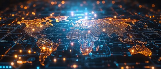 Poster - A sleek 3D mockup of a world map with glowing lights, illustrating global connections and network systems on a dark technological backdrop