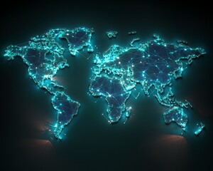 Poster - A striking 3D design of a digital world map with radiant lights, highlighting global connection and network systems, set against a dark, techinspired backdrop