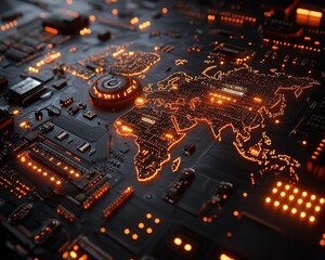 Poster - A striking 3D design of a digital world map with radiant lights, highlighting global connection and network systems, set against a dark, techinspired backdrop