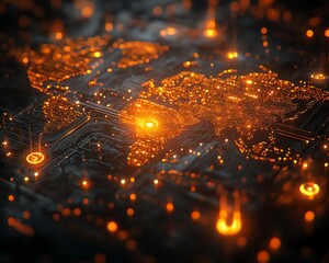 Poster - A striking 3D design of a digital world map with radiant lights, highlighting global connection and network systems, set against a dark, techinspired backdrop