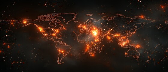 Poster - A striking 3D design of a digital world map with radiant lights, highlighting global connection and network systems, set against a dark, techinspired backdrop
