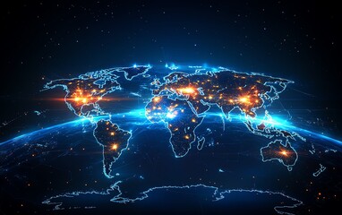 Poster - A striking 3D design of a digital world map with radiant lights, highlighting global connection and network systems, set against a dark, techinspired backdrop