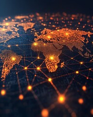 Poster - A vibrant 3D rendering of a digital world map contour glowing in neon colors, illustrating the concept of big data and internet technologies on a dark background