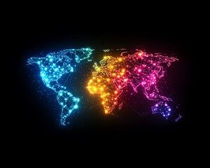 Poster - A vibrant 3D rendering of a digital world map contour glowing in neon colors, illustrating the concept of big data and internet technologies on a dark background