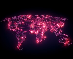 Poster - A vibrant 3D rendering of a digital world map contour glowing in neon colors, illustrating the concept of big data and internet technologies on a dark background