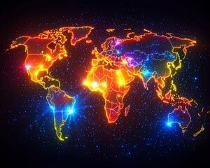 Poster - A vibrant 3D rendering of a digital world map contour glowing in neon colors, illustrating the concept of big data and internet technologies on a dark background