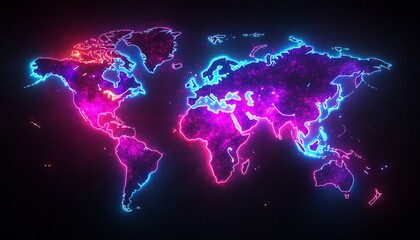 Poster - A vibrant 3D rendering of a digital world map contour glowing in neon colors, illustrating the concept of big data and internet technologies on a dark background