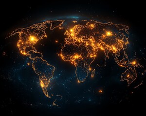 Poster - A vibrant 3D rendering of a digital world map contour glowing in neon colors, illustrating the concept of big data and internet technologies on a dark background