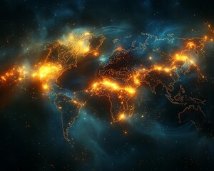 Poster - A vibrant 3D rendering of a digital world map contour glowing in neon colors, illustrating the concept of big data and internet technologies on a dark background
