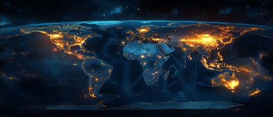 Poster - A vibrant 3D rendering of a digital world map contour glowing in neon colors, illustrating the concept of big data and internet technologies on a dark background