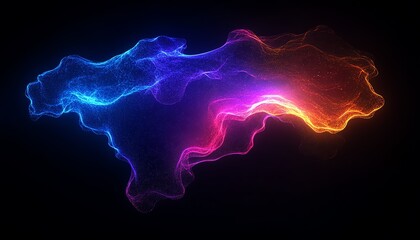 Poster - A vibrant 3D rendering of a digital world map contour glowing in neon colors, illustrating the concept of big data and internet technologies on a dark background