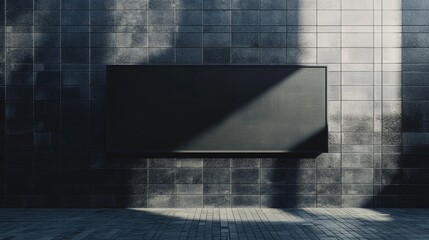 Wall Mural - A minimalist black screen mounted on a textured wall, illuminated by natural light.