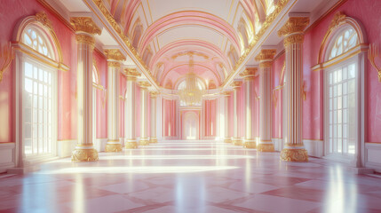 Wall Mural - Luxury Palace Interior Background. Pink and Gold Marble Castle Hall