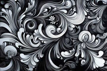 Wall Mural - The image is a black and white illustration featuring intricate, swirling patterns and floral elements, creating an ornate and elaborate design