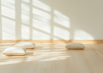 Aufkleber - Serene Minimalist Meditation Room with Soft Natural Light and Cushions