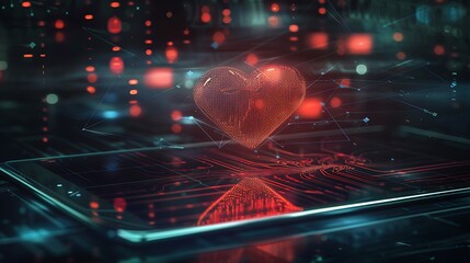 Fototapete - Digital heart glows on a tablet, symbolizing modern love and technology.