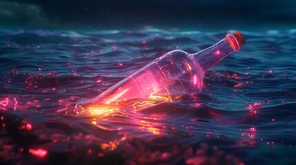Wall Mural - glowing bottle floats on the dark sea a message of hope or mystery.