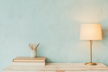 Poster - Cozy Minimalist Workspace with Vintage Lamp and Books on Wooden Desk