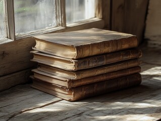 Poster - Serene Vintage Book Stack on Rustic Wooden Surface Bathed in Soft Light