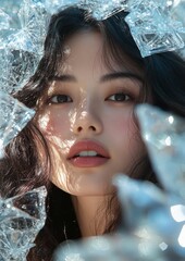 Aufkleber - Serene Beauty Asian Woman Amongst Illuminated Glass Elements