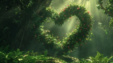 Wall Mural - heart-shaped floral arrangement in a mystical forest. sunlight streams through the foliage, creating